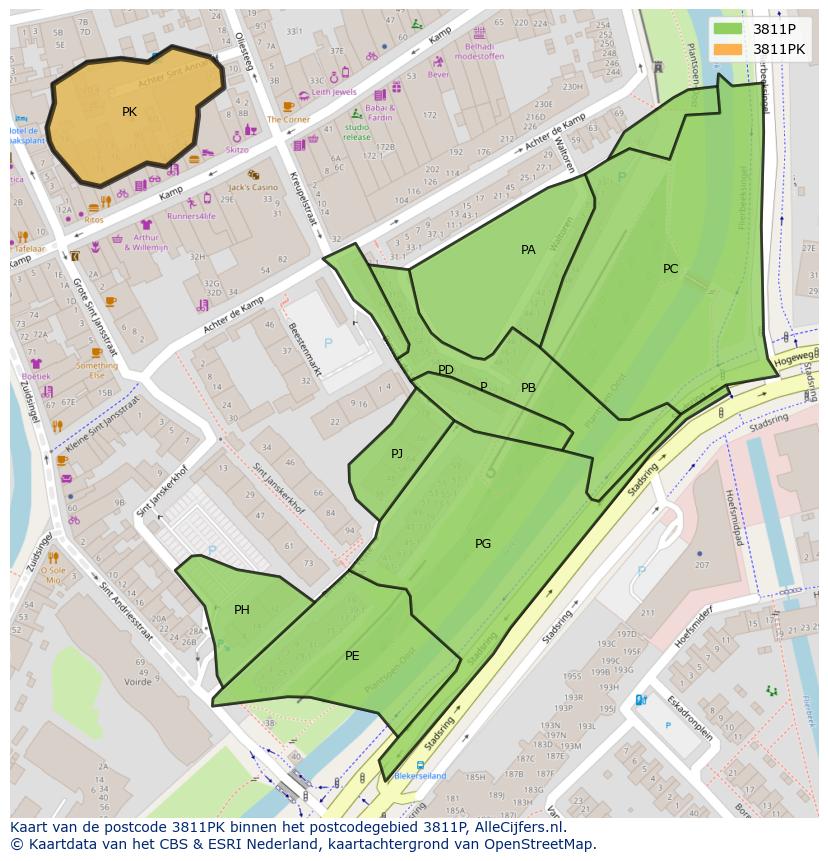 Afbeelding van het postcodegebied 3811 PK op de kaart.