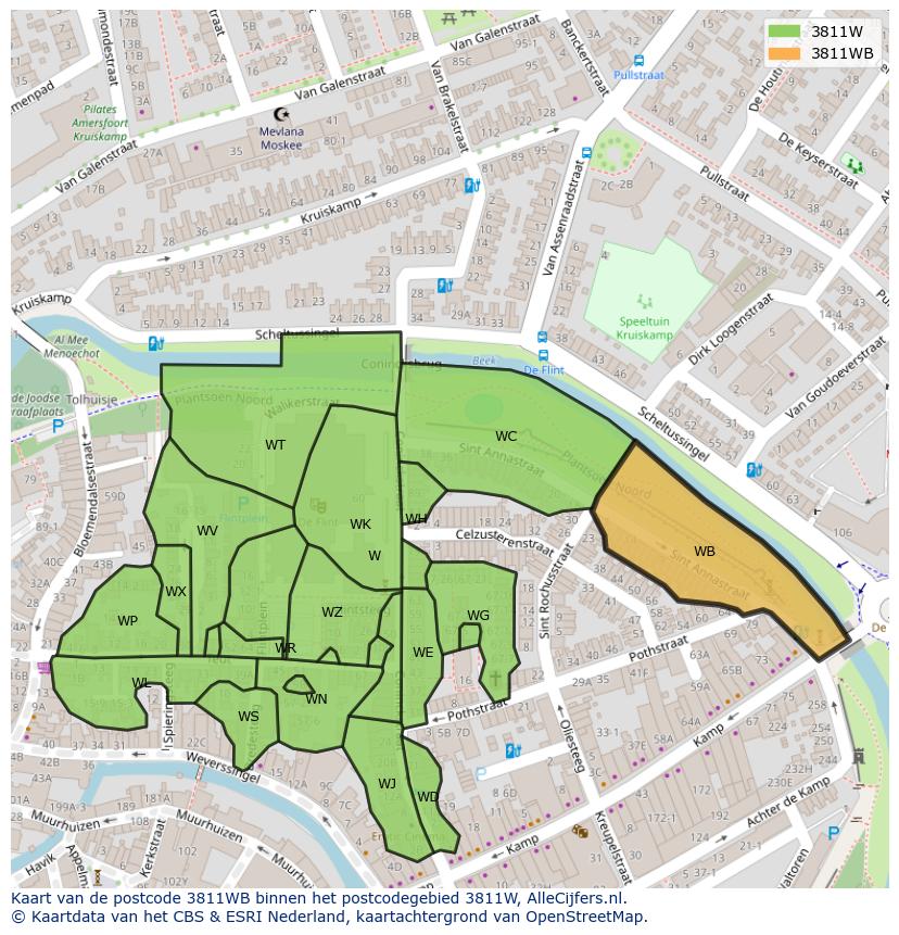 Afbeelding van het postcodegebied 3811 WB op de kaart.