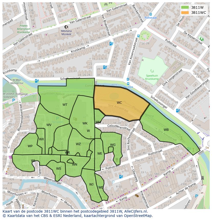 Afbeelding van het postcodegebied 3811 WC op de kaart.