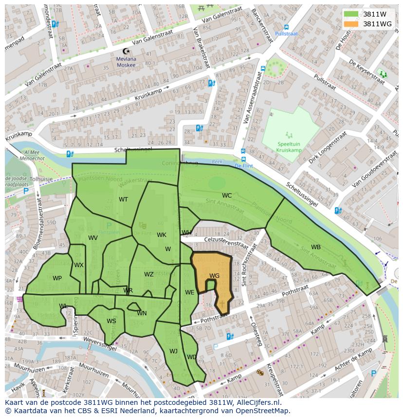 Afbeelding van het postcodegebied 3811 WG op de kaart.