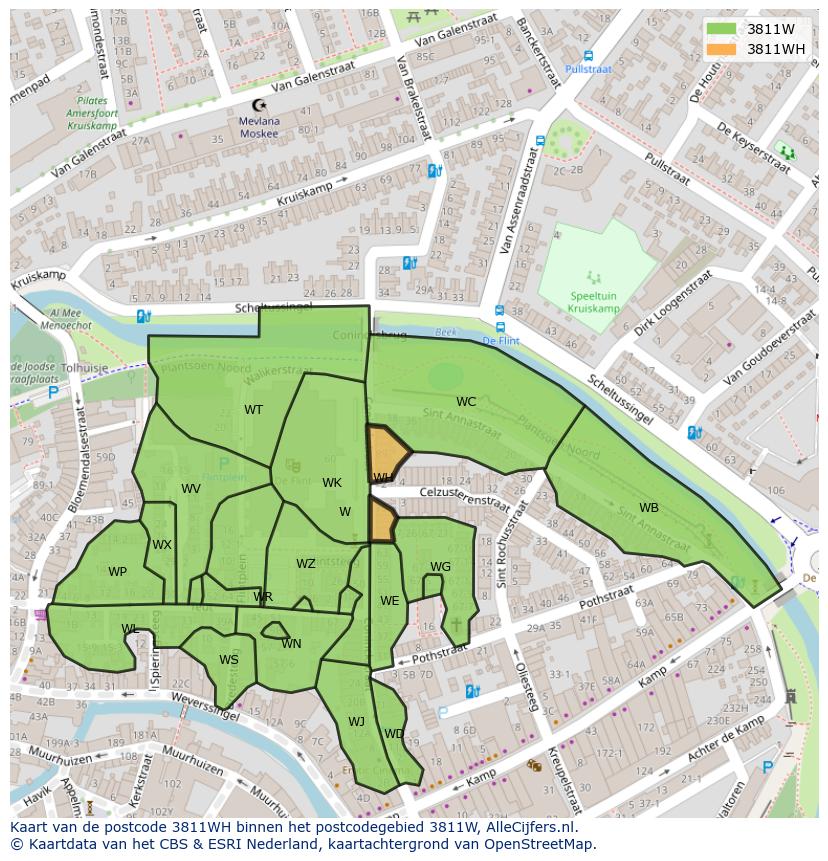 Afbeelding van het postcodegebied 3811 WH op de kaart.