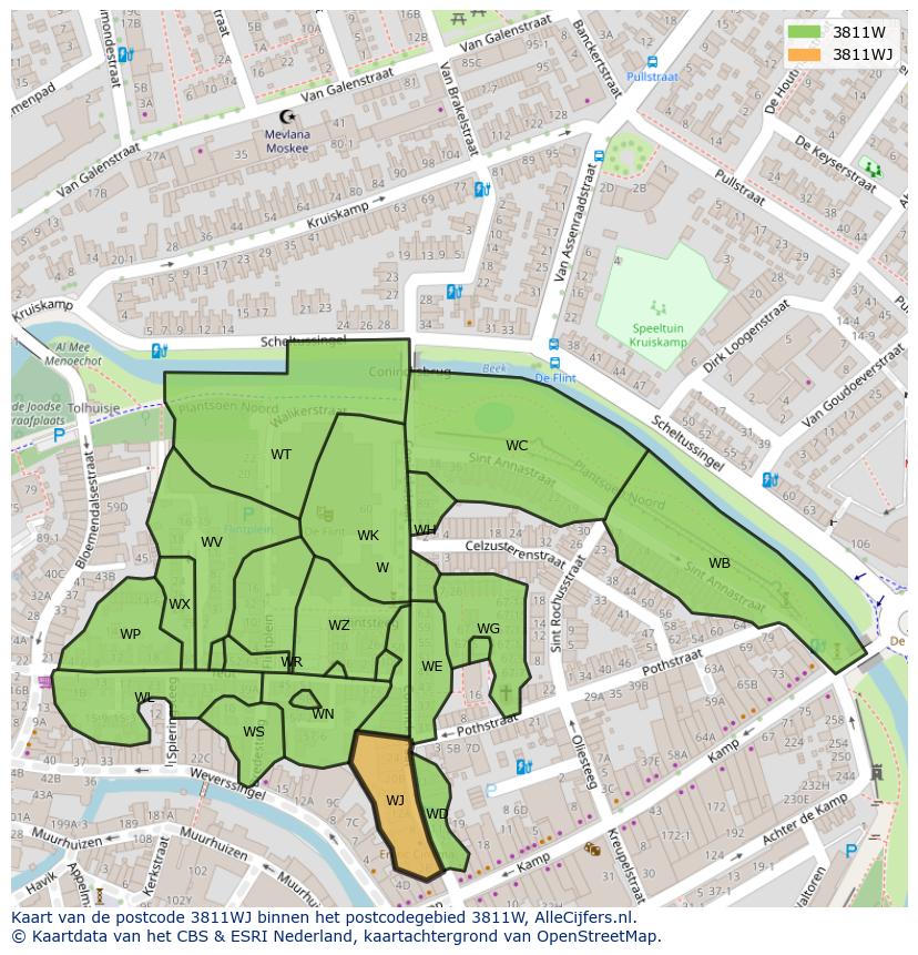 Afbeelding van het postcodegebied 3811 WJ op de kaart.