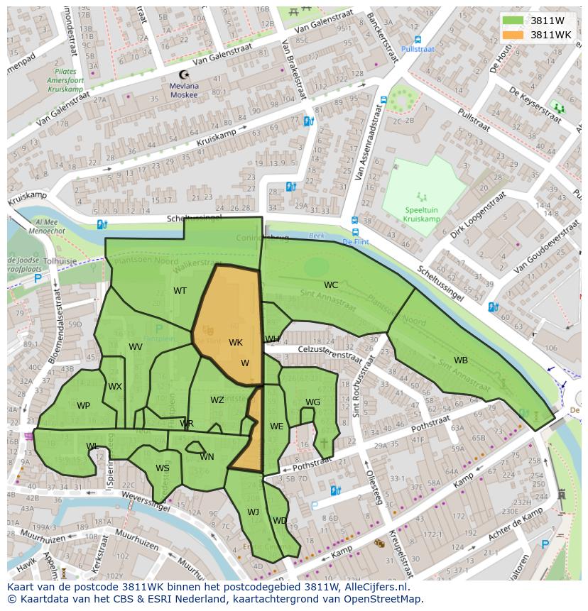 Afbeelding van het postcodegebied 3811 WK op de kaart.