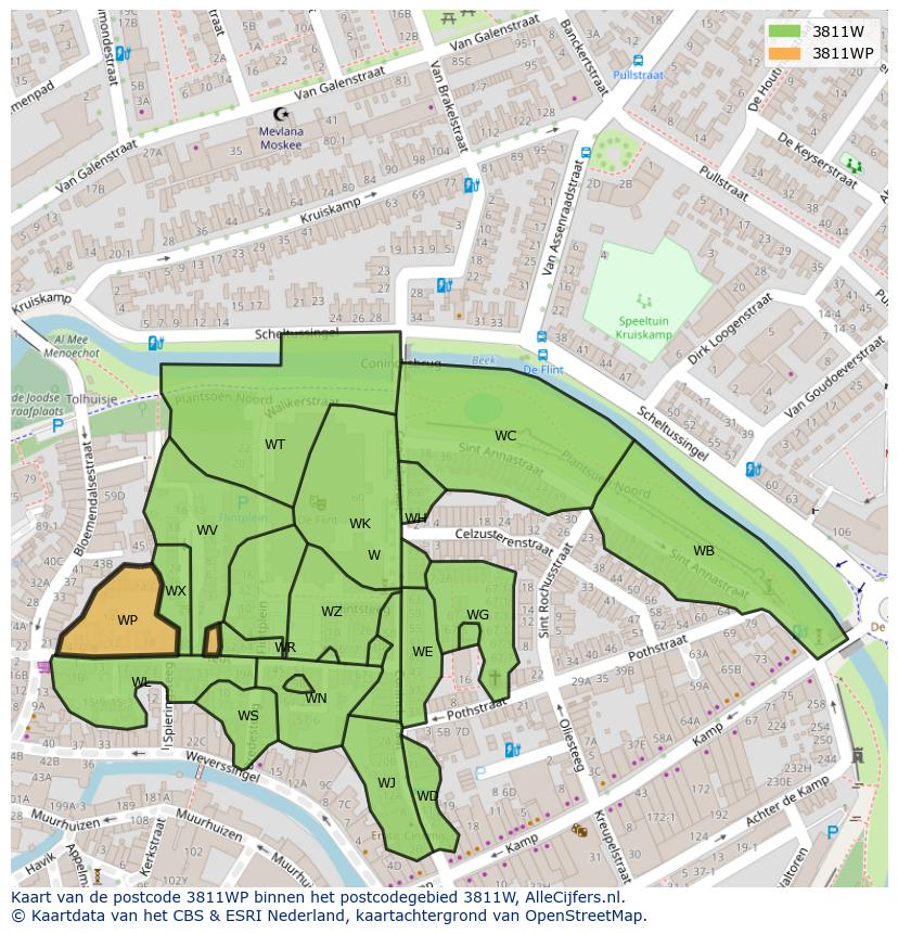 Afbeelding van het postcodegebied 3811 WP op de kaart.