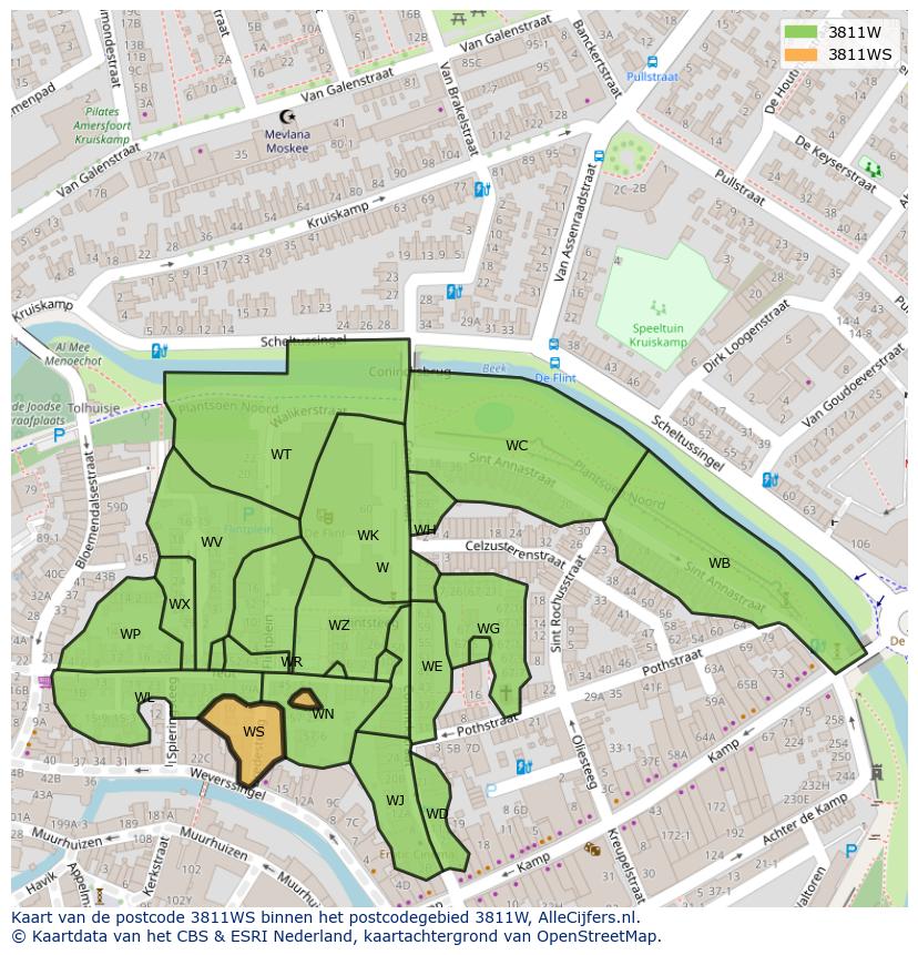 Afbeelding van het postcodegebied 3811 WS op de kaart.
