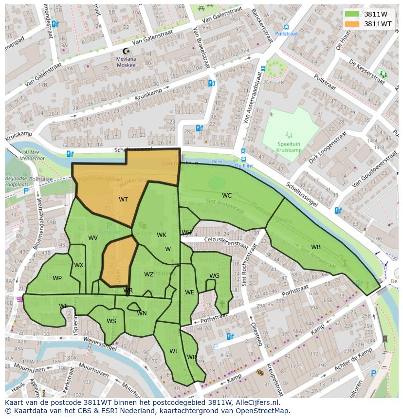 Afbeelding van het postcodegebied 3811 WT op de kaart.