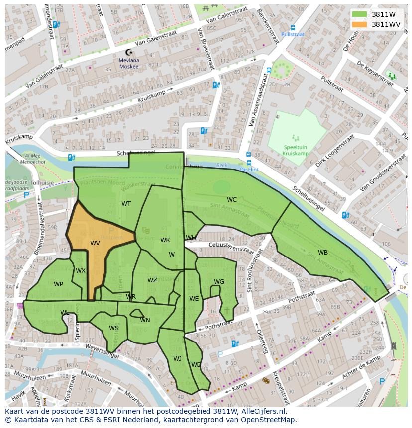 Afbeelding van het postcodegebied 3811 WV op de kaart.
