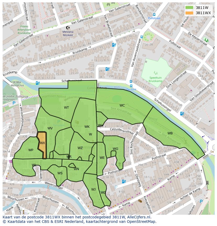 Afbeelding van het postcodegebied 3811 WX op de kaart.