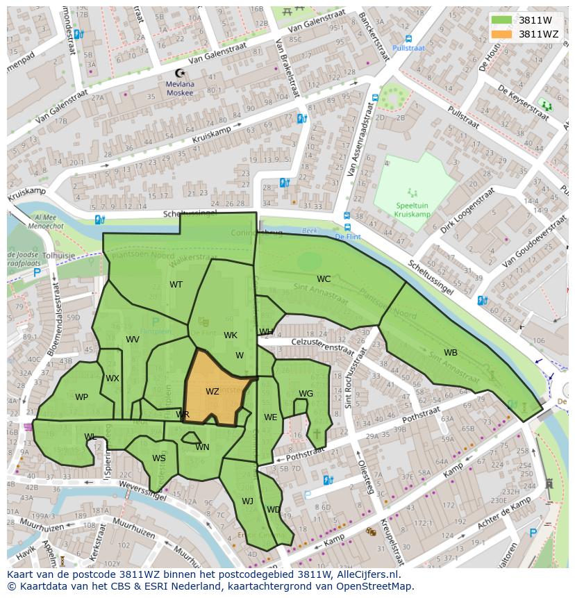 Afbeelding van het postcodegebied 3811 WZ op de kaart.