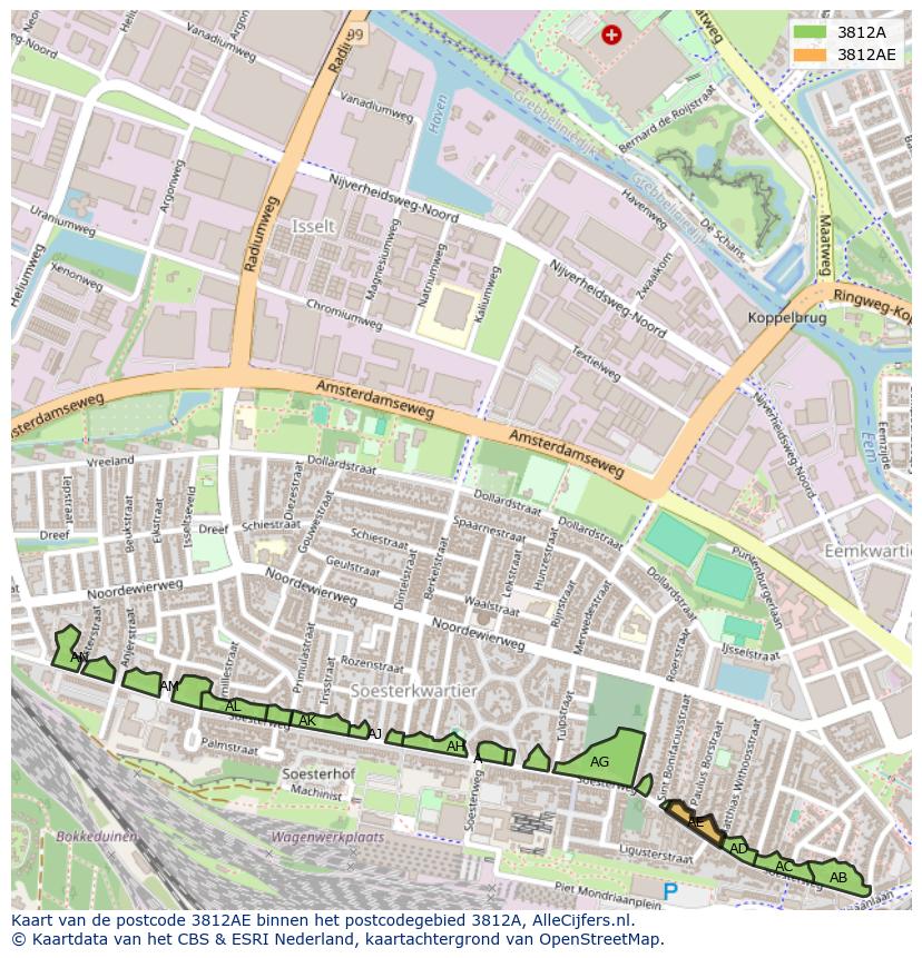 Afbeelding van het postcodegebied 3812 AE op de kaart.