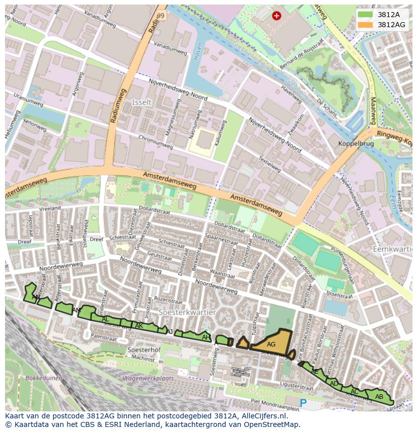Afbeelding van het postcodegebied 3812 AG op de kaart.