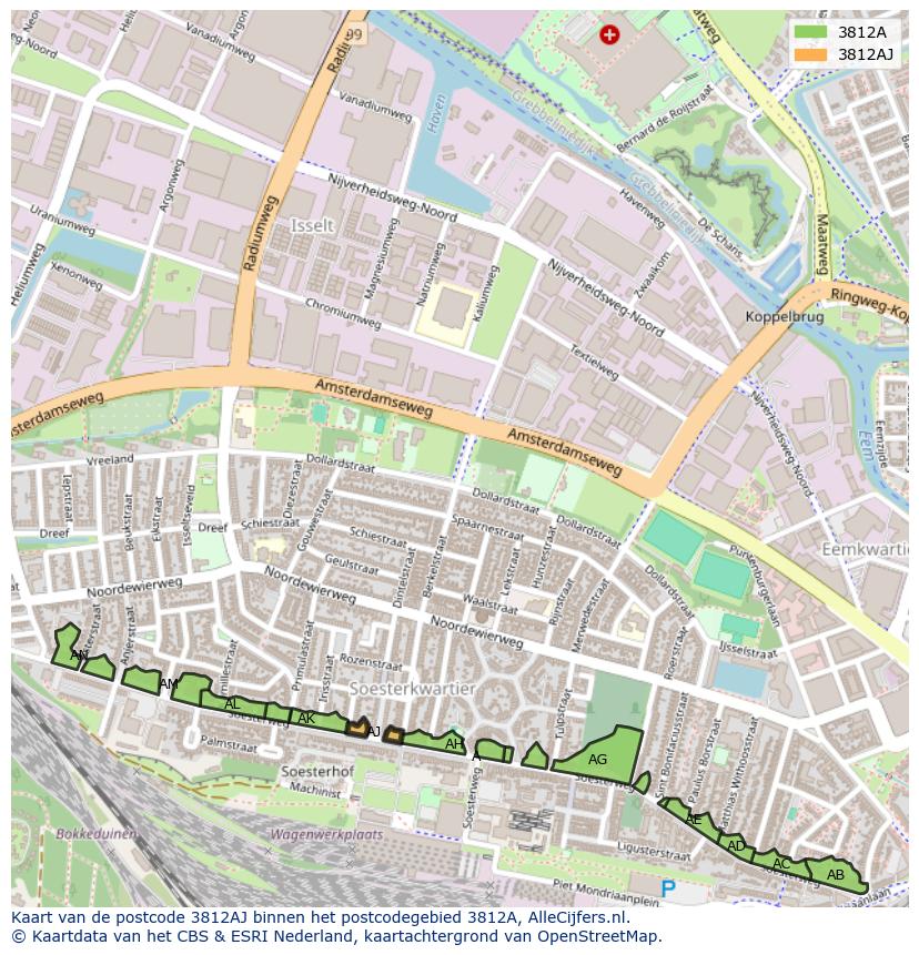 Afbeelding van het postcodegebied 3812 AJ op de kaart.
