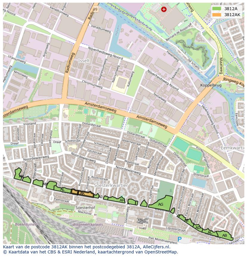 Afbeelding van het postcodegebied 3812 AK op de kaart.