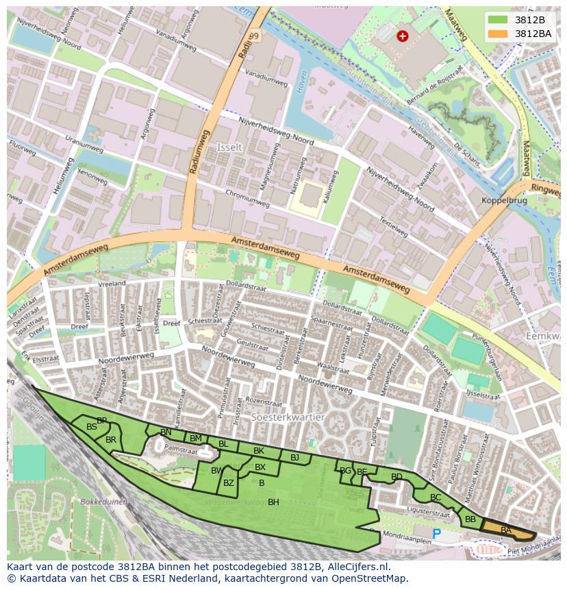 Afbeelding van het postcodegebied 3812 BA op de kaart.