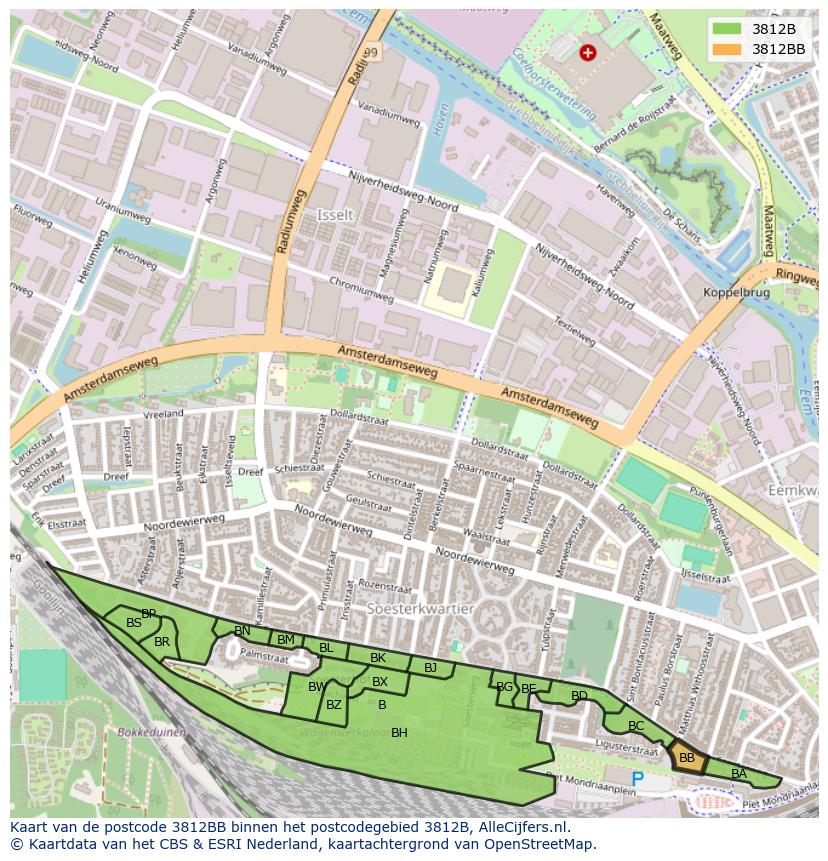 Afbeelding van het postcodegebied 3812 BB op de kaart.