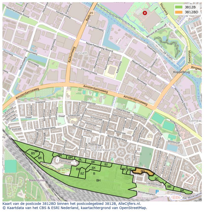 Afbeelding van het postcodegebied 3812 BD op de kaart.