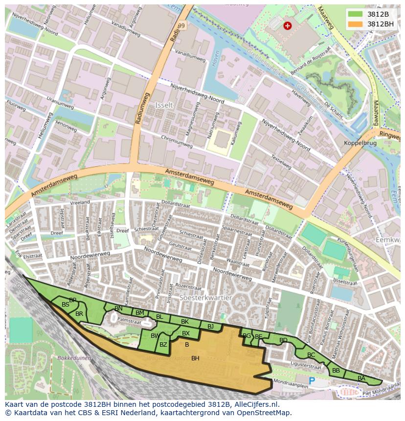 Afbeelding van het postcodegebied 3812 BH op de kaart.