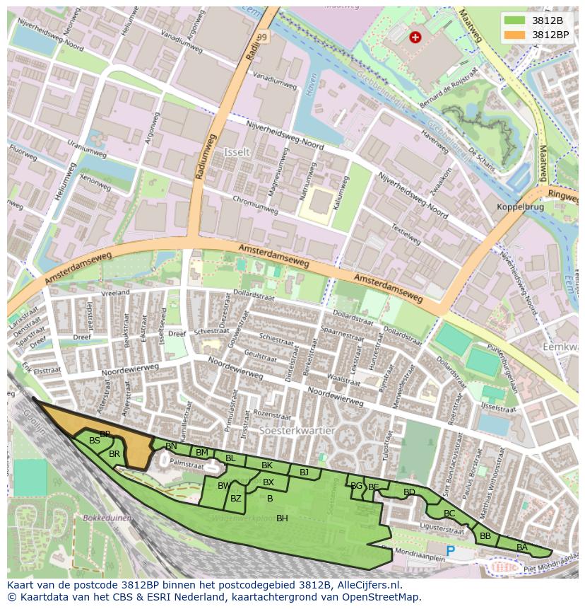 Afbeelding van het postcodegebied 3812 BP op de kaart.
