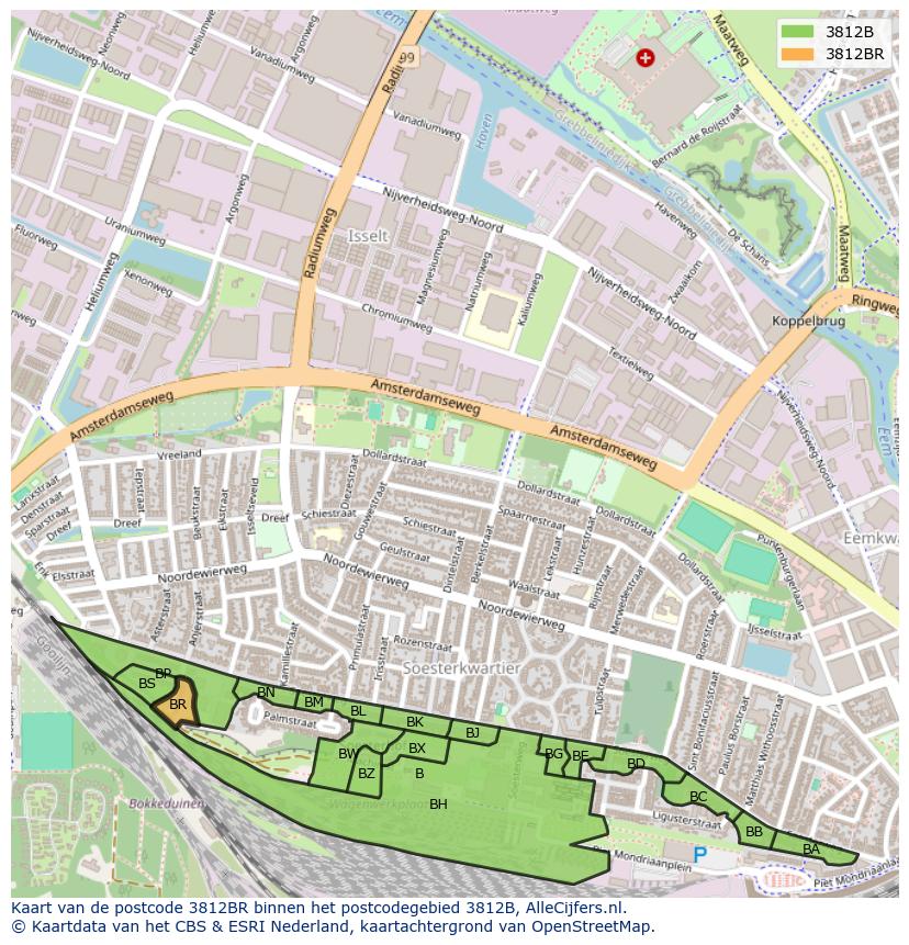 Afbeelding van het postcodegebied 3812 BR op de kaart.