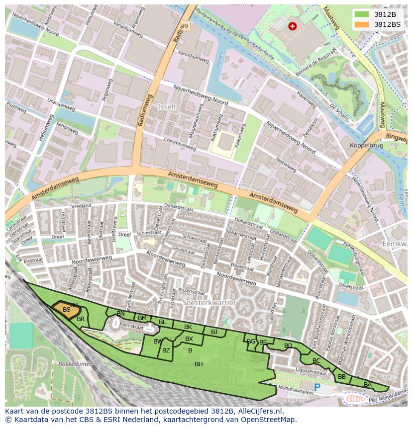 Afbeelding van het postcodegebied 3812 BS op de kaart.