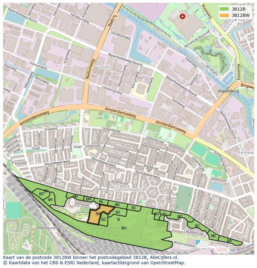 Afbeelding van het postcodegebied 3812 BW op de kaart.