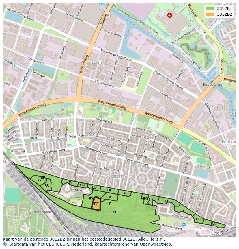 Afbeelding van het postcodegebied 3812 BZ op de kaart.