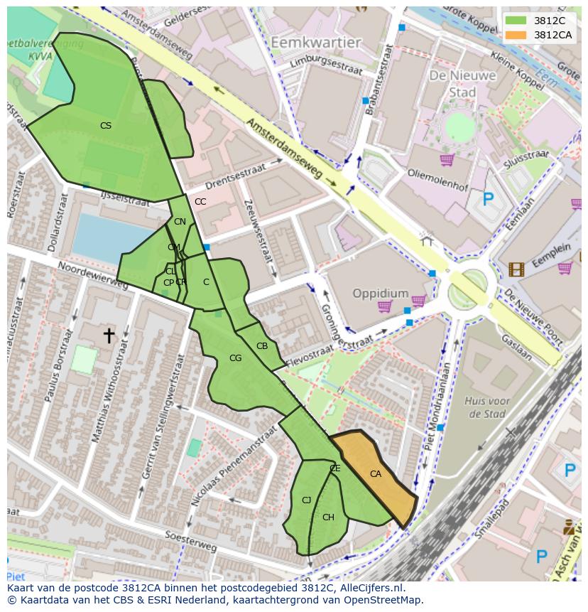 Afbeelding van het postcodegebied 3812 CA op de kaart.