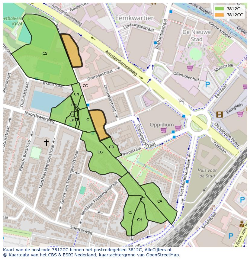 Afbeelding van het postcodegebied 3812 CC op de kaart.