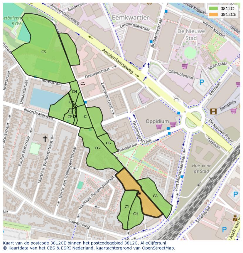 Afbeelding van het postcodegebied 3812 CE op de kaart.