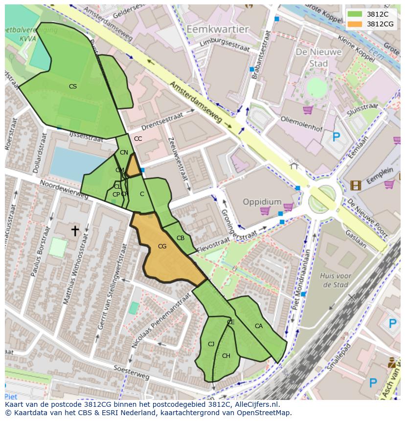 Afbeelding van het postcodegebied 3812 CG op de kaart.