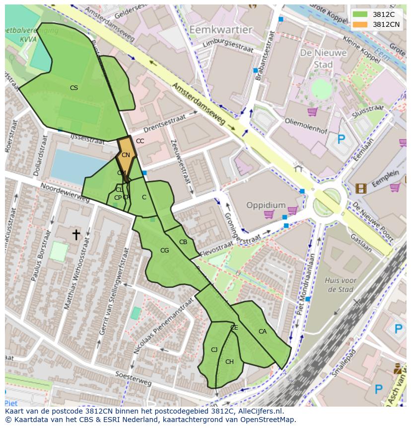 Afbeelding van het postcodegebied 3812 CN op de kaart.