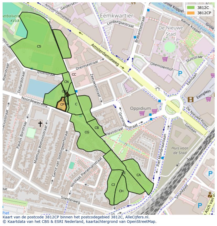 Afbeelding van het postcodegebied 3812 CP op de kaart.