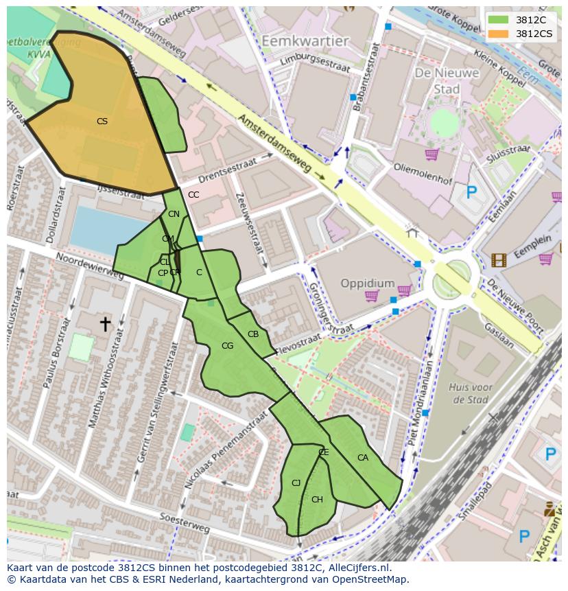 Afbeelding van het postcodegebied 3812 CS op de kaart.