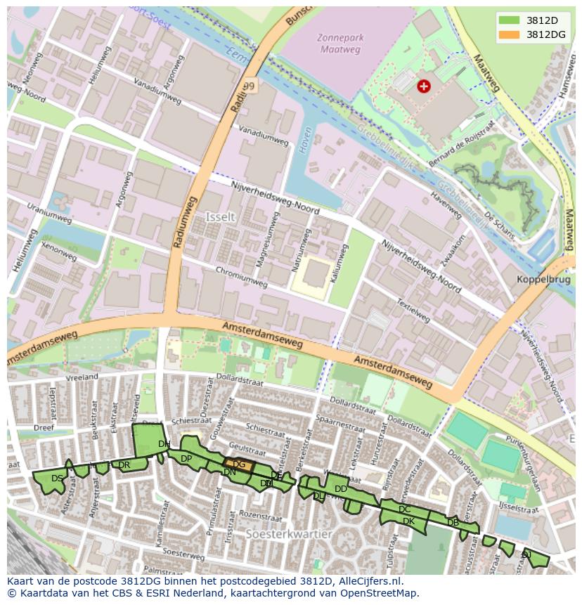 Afbeelding van het postcodegebied 3812 DG op de kaart.