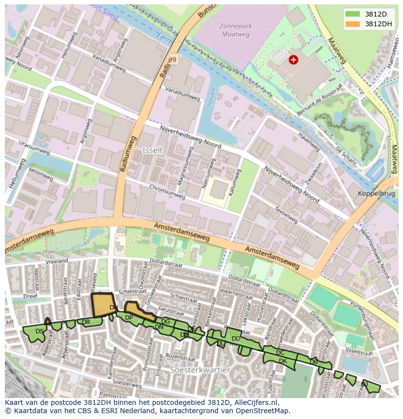 Afbeelding van het postcodegebied 3812 DH op de kaart.