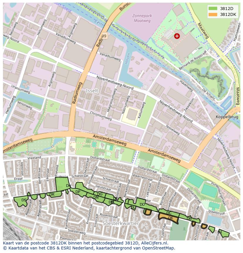 Afbeelding van het postcodegebied 3812 DK op de kaart.
