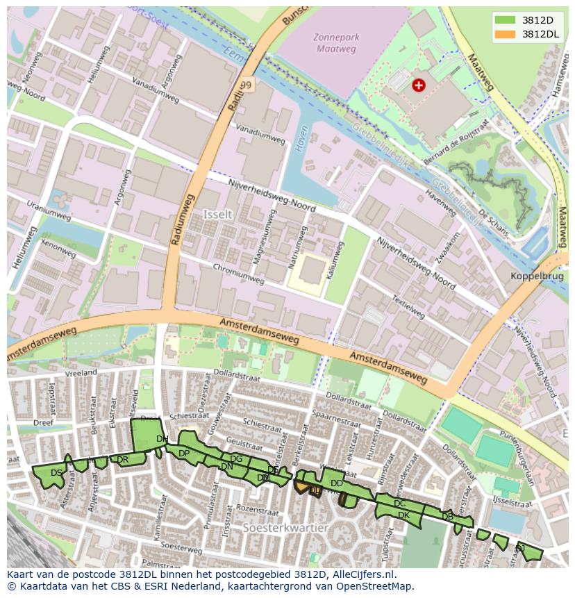 Afbeelding van het postcodegebied 3812 DL op de kaart.