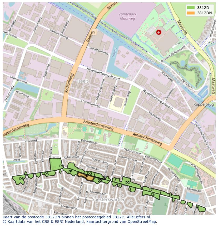 Afbeelding van het postcodegebied 3812 DN op de kaart.