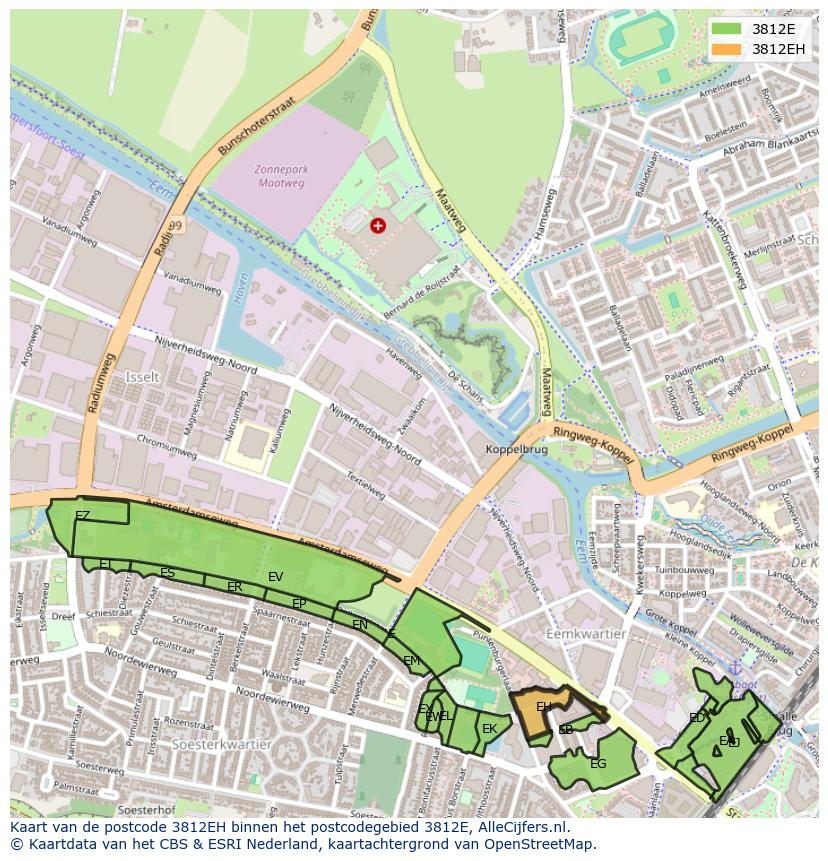 Afbeelding van het postcodegebied 3812 EH op de kaart.