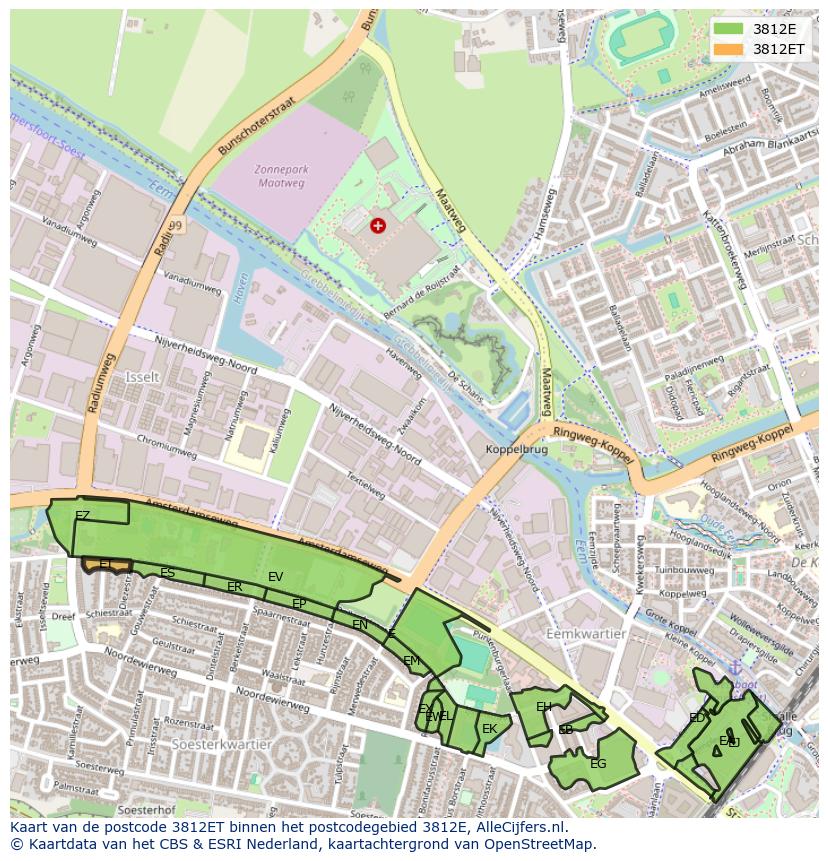 Afbeelding van het postcodegebied 3812 ET op de kaart.