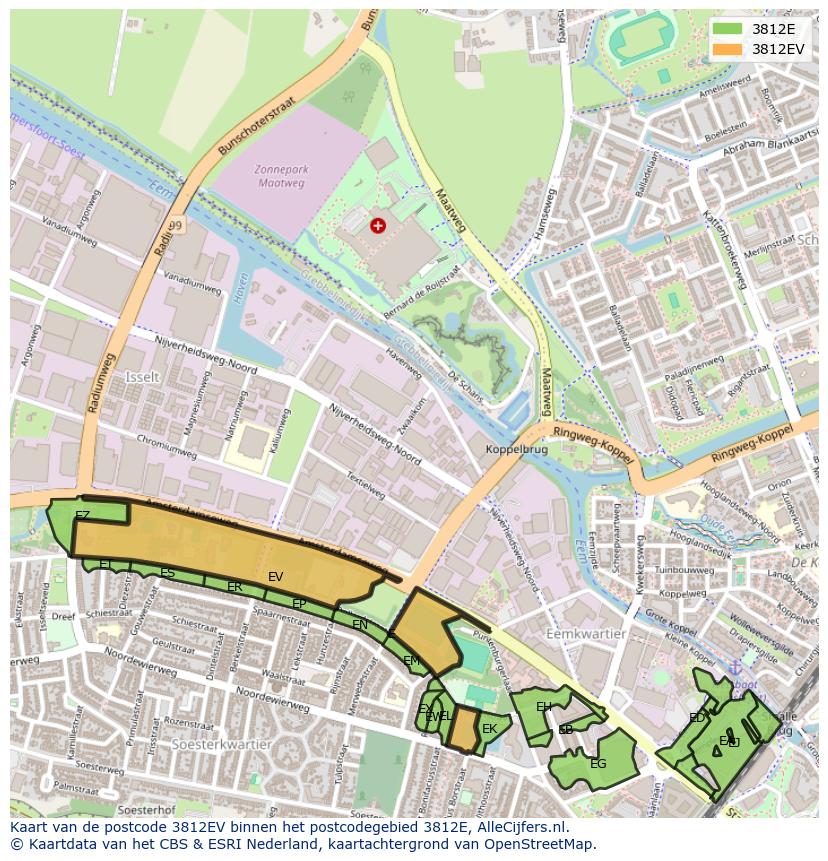 Afbeelding van het postcodegebied 3812 EV op de kaart.