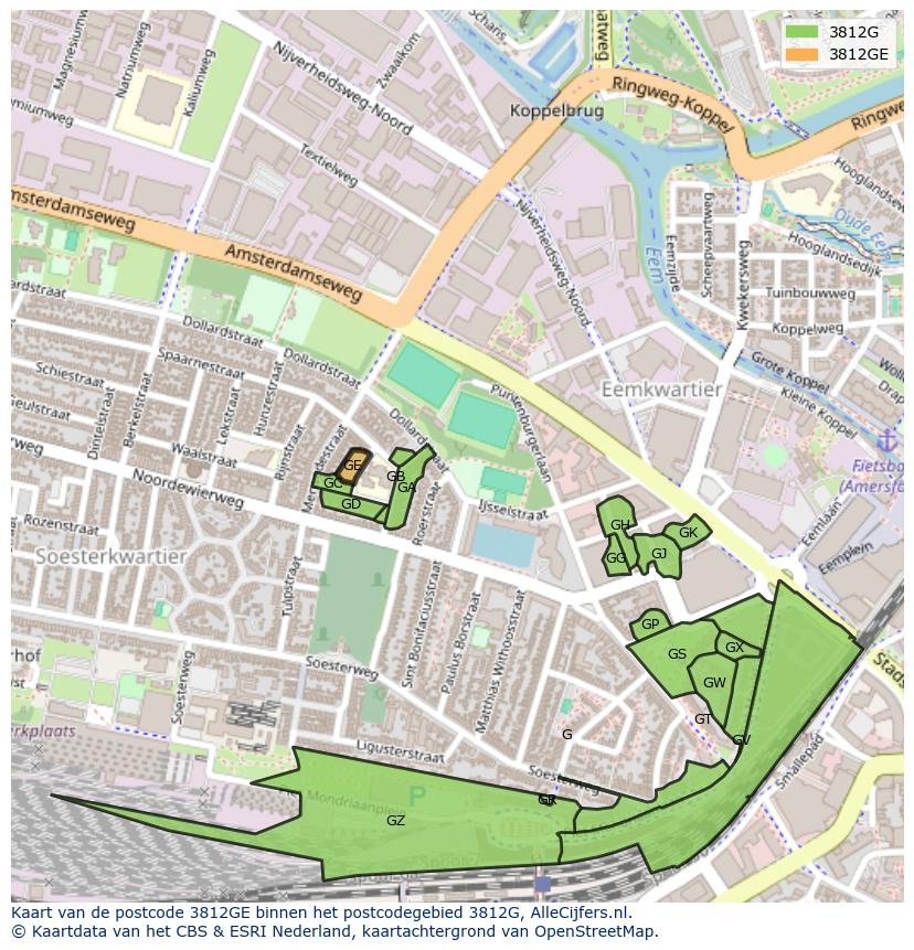 Afbeelding van het postcodegebied 3812 GE op de kaart.
