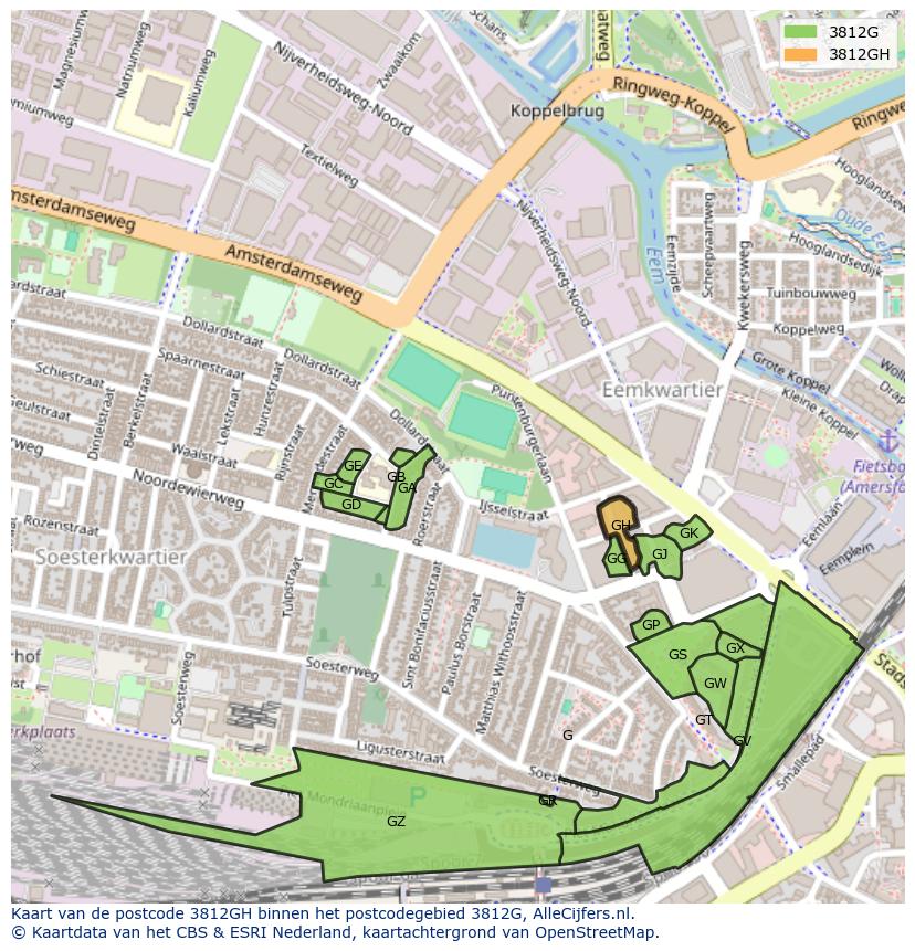 Afbeelding van het postcodegebied 3812 GH op de kaart.