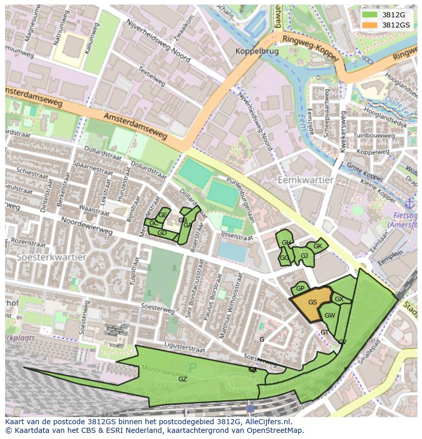 Afbeelding van het postcodegebied 3812 GS op de kaart.