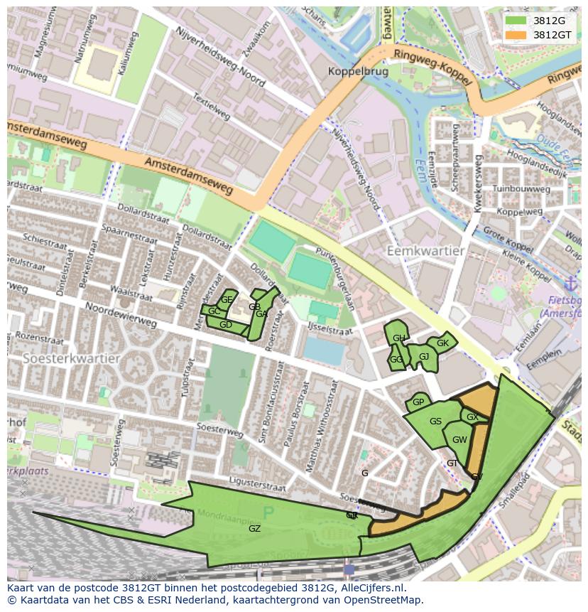 Afbeelding van het postcodegebied 3812 GT op de kaart.