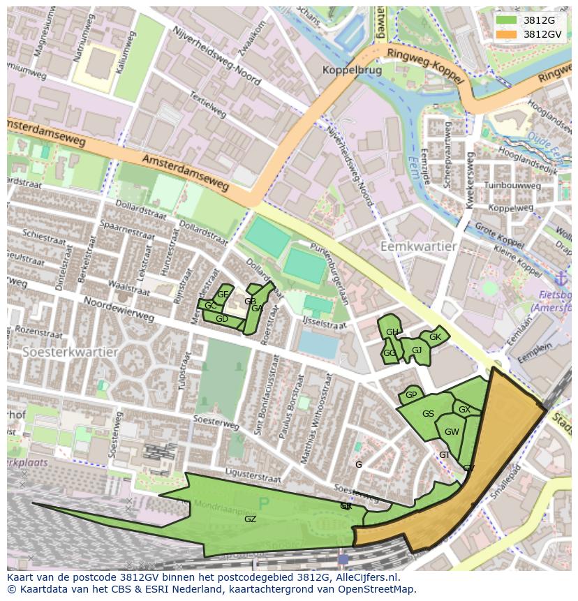 Afbeelding van het postcodegebied 3812 GV op de kaart.