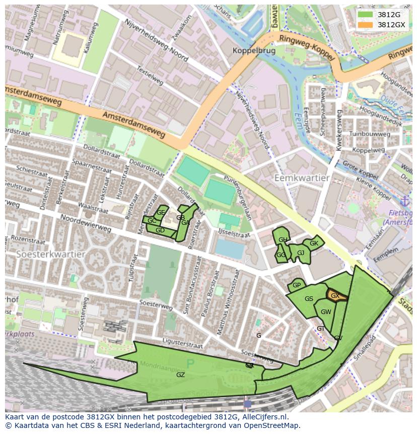 Afbeelding van het postcodegebied 3812 GX op de kaart.