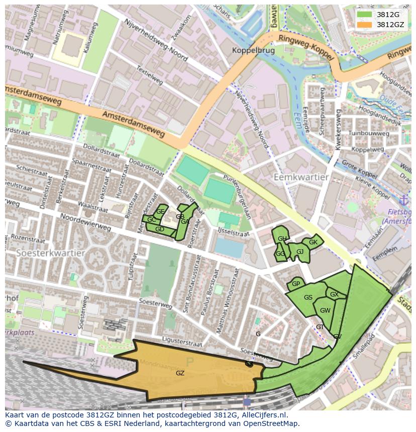 Afbeelding van het postcodegebied 3812 GZ op de kaart.