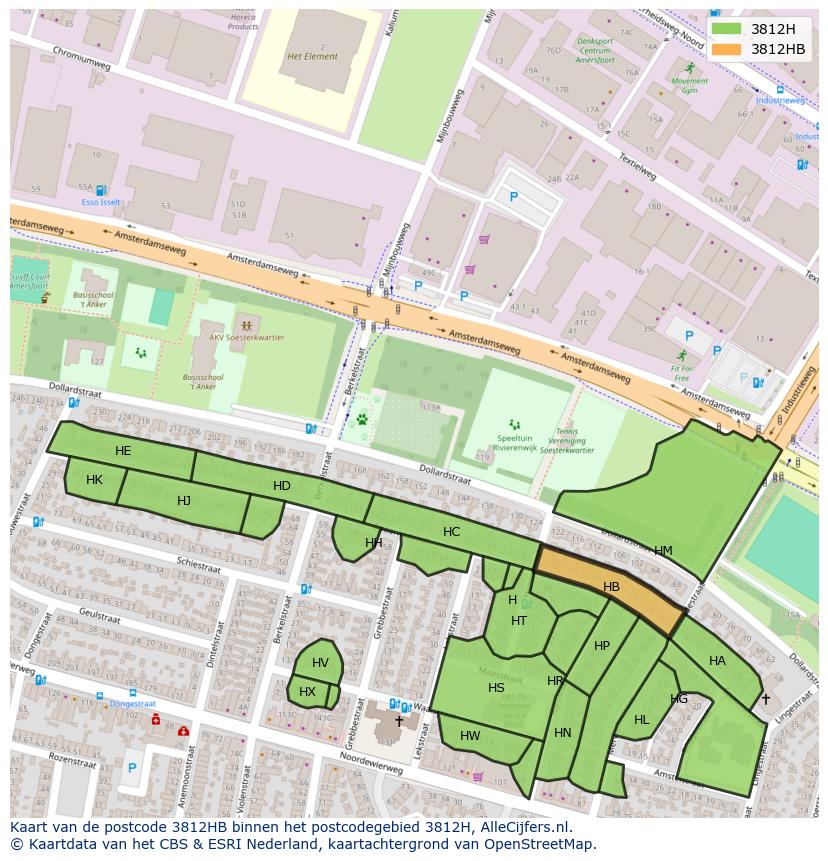 Afbeelding van het postcodegebied 3812 HB op de kaart.