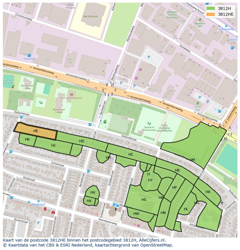 Afbeelding van het postcodegebied 3812 HE op de kaart.